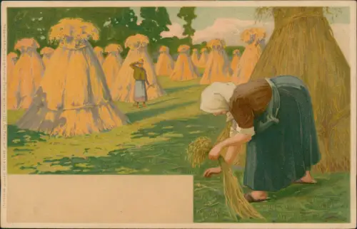 Ansichtskarte  Künstlerkarte Bäuerin bei der Heuernte Heugarben 1914