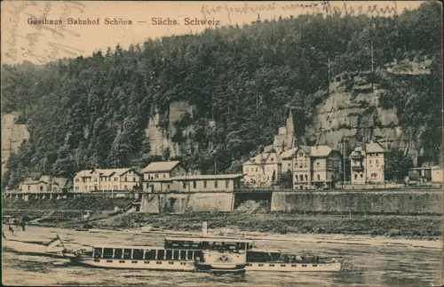 Schöna-Reinhardtsdorf-Schöna Gasthaus Bahnhof Sächsische Schweiz Dampfer 1917