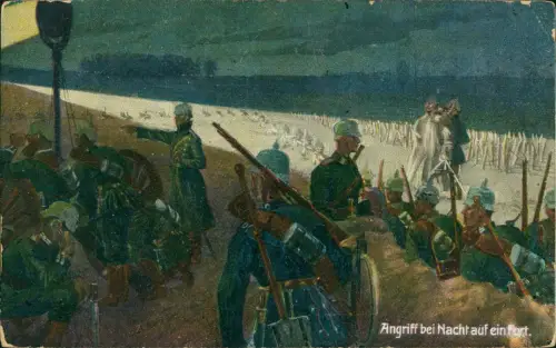 Ansichtskarte  Angriff bei Nacht auf ein Fort. Künstlerkarte WK1 1916