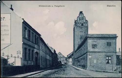 Ansichtskarte Malchin Mühlenstraße u. Fangelturm 1912
