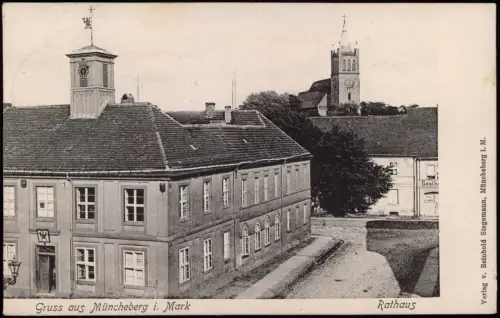 Ansichtskarte Müncheberg Partie am Rathaus im Hintergrund Gasthaus 1907