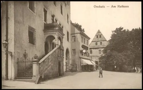 Ansichtskarte Oschatz Am Rathaus - Gaststätte Uhr 1915