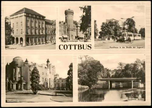 Cottbus Mehrbildansicht mit Stadttheater, Spremberger  Sandower Brücke 1964