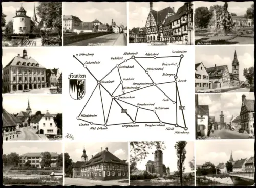 Ansichtskarte .Bayern Mehrbildkarte mit Gebietskarte Rangau/Franken 1955
