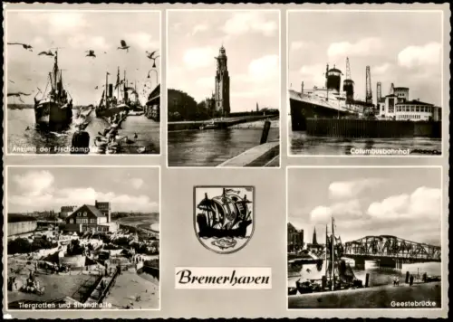 Bremerhaven Mehrbildkarte  Hafen, Columbusbahnhof und Geestebrücke 1952
