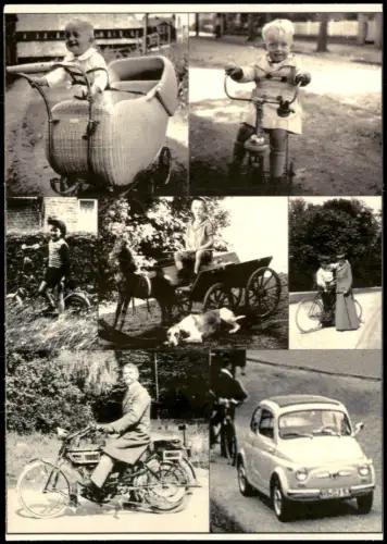 Ansichtskarte  Collage historischer Fahrzeuge und Fortbewegungsmittel 1999