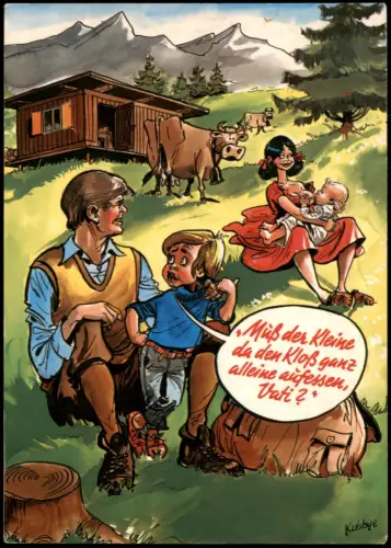 Erotikscherzkarte: Kind fragt Vater, Frau stillt Baby, in den Bergen 1960