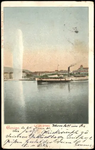 Ansichtskarte Genf Genève Jet d'Eau mit Dampfschiff 1901
