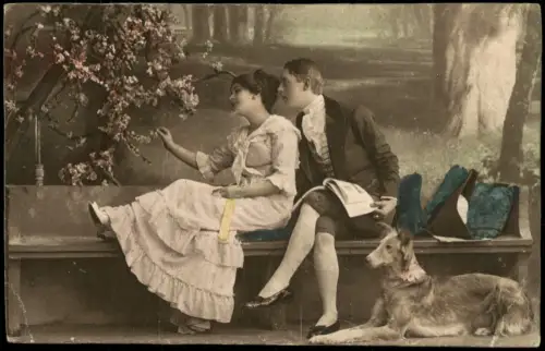 Ansichtskarte  Liebespaar mit Hund auf einer Bank 1909