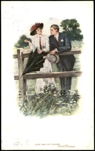 Ansichtskarte  LOVE HAS ITS CLOUDS, Paar am Zaun mit Regenschirm 1910