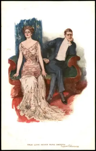 Ansichtskarte  Elegantes Paar auf Sofa ('True Love Never Runs Smooth') 1912