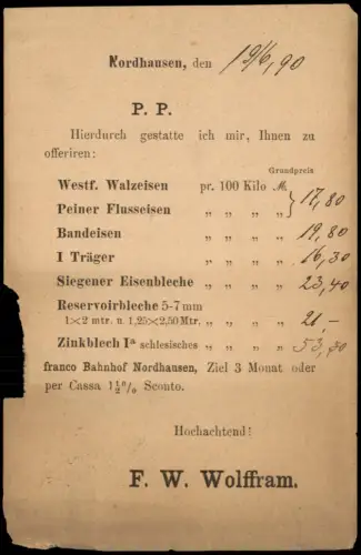 Ansichtskarte Nordhausen Preisliste für Eisen- und Zinkprodukte 1890