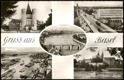 Basel Mehrbildkarte mit Spalentor Rheinhafen Hallenschwimmbad und Münster 1955