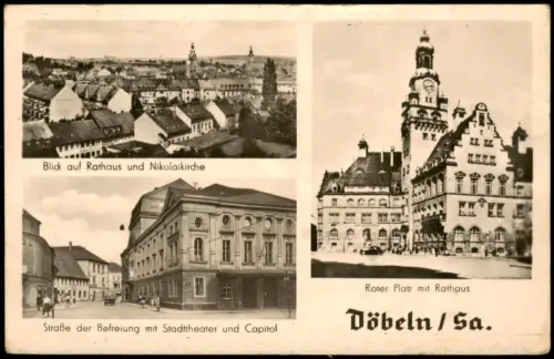 Döbeln mit Rathaus, Nikolaikirche, Stadttheater und Capitol 1957