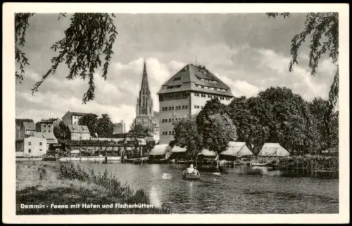 Ansichtskarte Demmin Peene mit Hafen und Fischerhütten 1957