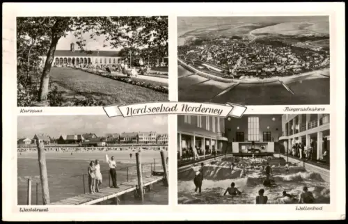 Ansichtskarte Norderney Kurhaus, Weststrand, Wellenbad und Luftbild 1950