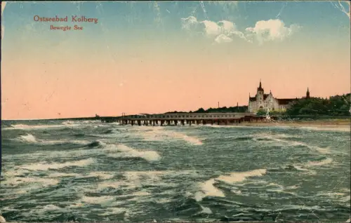 Kolberg Kołobrzeg Bewegte See - Seebrücke 1921  gel. Bahnpoststempel Belgard