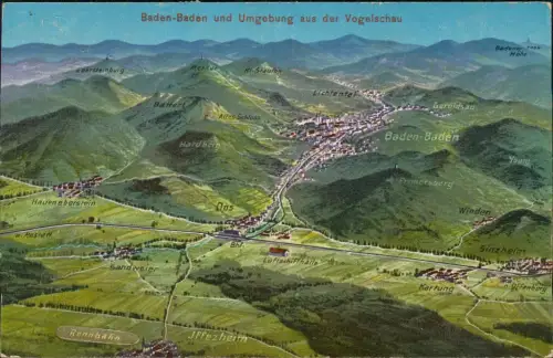 Ansichtskarte Baden-Baden Umgebung aus der Vogelschau 1923  Vorinfla Frankatur