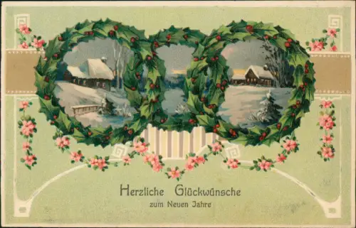 Neujahr Sylvester New Year Winterlandschaft in Mistelzweigen 1913 Prägekarte