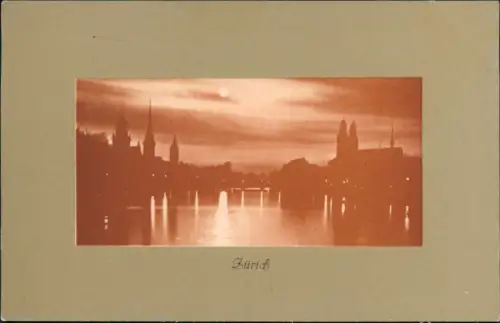 Ansichtskarte Zürich Stadt bei Mondschein Stimmungsbild 1912 Passepartout