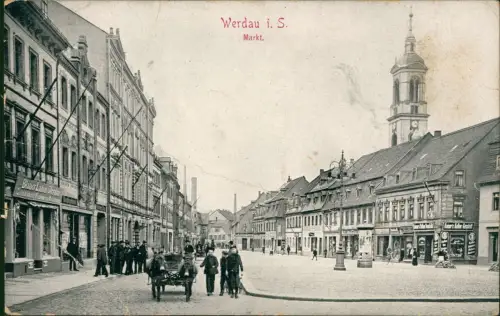 Ansichtskarte Werdau Marktplatz Kinder Kutsche Pferde 1908