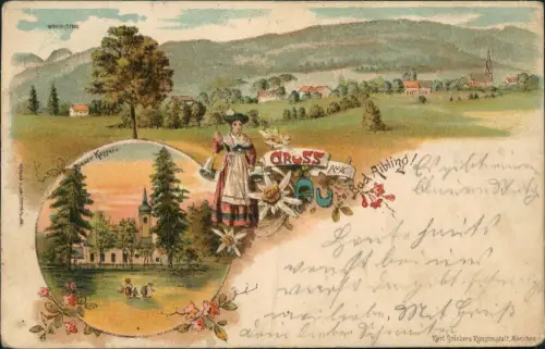 Litho AK Bad Aibling 2 Bild Frau in Tracht Stadt und Kirche 1899