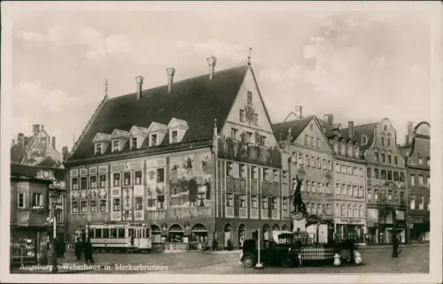 Ansichtskarte Augsburg Weberhaus m. Merkurbrunnen Auto Straßenbahn 1941