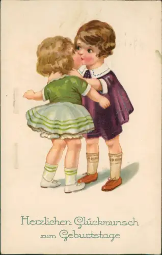 Ansichtskarte  Geburtstag Birthday Junge küsst Mädchen Künstlerkarte 1926