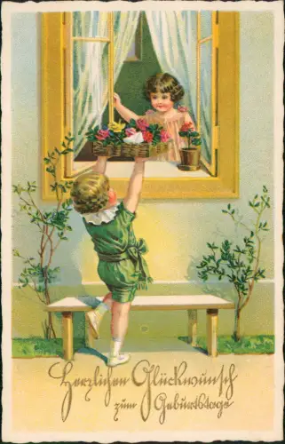 Geburtstag Birthday Junge überreicht Blumenbouquett an Mädchen 1914