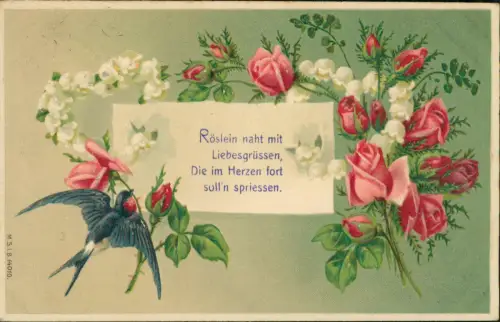 Liebe Liebespaar Love Schwalbe Rosen Liebesgrüsse 1906 Prägekarte