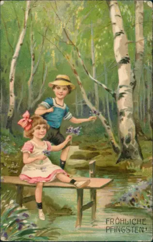 Pfingsten Pentecost Junge und Mädchen im Birkenwald Künstlerkarte 1916