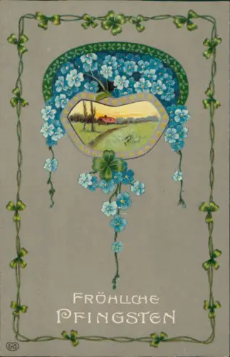 Pfingsten Pentecost Landschaft Glücksklee Veilchen Herzen 1913 Prägekarte