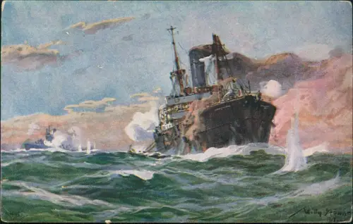 U-Boot Spende Marine U-Boot im Gefecht Künstlerkarte Willy Stöwer 1917