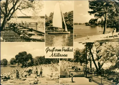 Ansichtskarte Müllrose 5 Bild Freibad Segelboot Restaurant Strand 1975