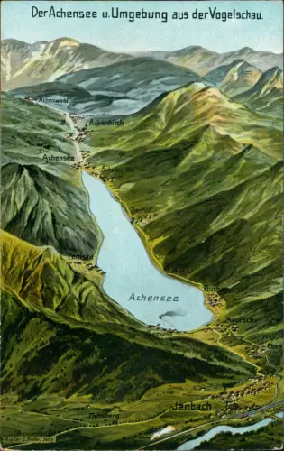 Eben am Achensee Umgebung aus der Vogelschau Künstlerkarte Eugen Felle Isny 1913