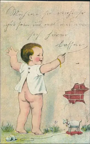 Scherzkarte Kinder Künstlerkarte frecher Junge schreibt an Mauer 1921