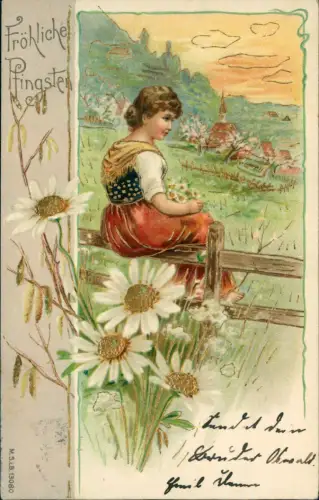 Ansichtskarte  Pfingsten Pentecost Frau vor der Stadt Prägekarte 1902 Gold