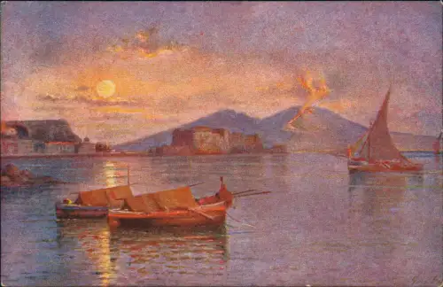Neapel Napoli Vesuvio di notte con barche peschereccie. Vesuv 1913