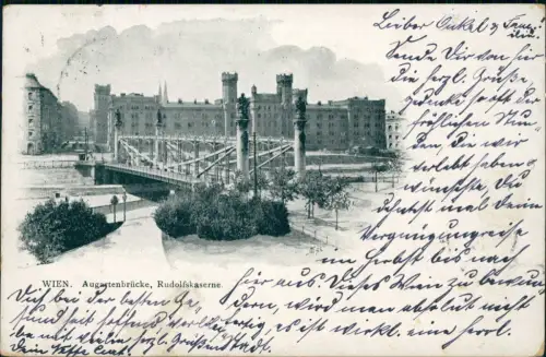 Ansichtskarte Wien Augartenbrücke, Rudolfskaserne. 1909