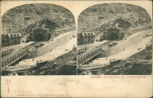Ansichtskarte Airolo Einfahrt zum St. Gotthard-Tunnel. 1899 3D/Stereoskopie