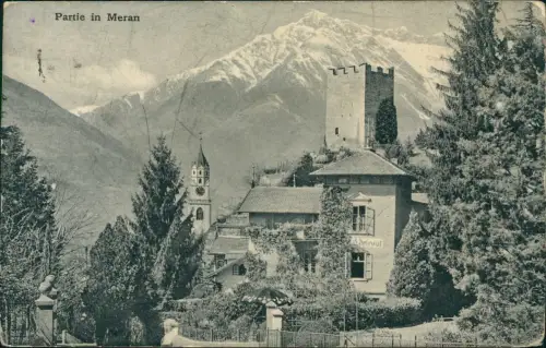 Cartolina Meran Merano Straßenszene Restaurant 1912  Südtirol