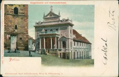 Postcard Pettau Ptuj Stadttheater und Orpheusdenkmal. 1908