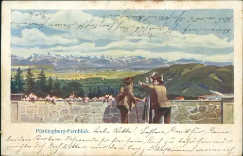 Ansichtskarte Pöstlingberg-Linz Fernblick. Wanderer mit Fernglas 1903