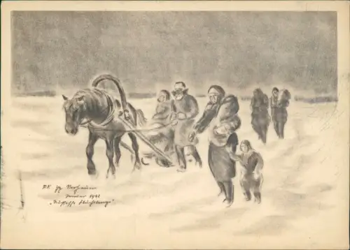 Militarie Künstlerkarte Flüchtlinge im Osten Winter Ostpreußen 1942