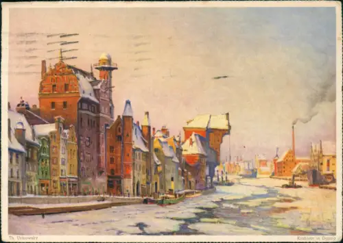 Postcard Danzig Gdańsk Krantor Motlau im Winter Künstlerkarte 1936