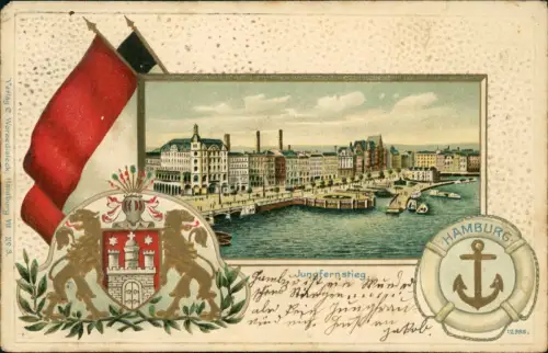 Hamburg Jungfernstieg Heraldik Künstlerkarte Gold 1906 Goldprägung