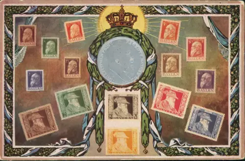 Briefmarken-Ansichtskarte Bayern Silbermünze 1912 Silber-Effekt  gel. 12.12.