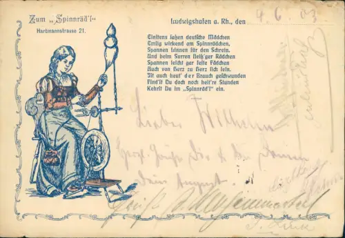 Ludwigshafen Künstlerkarte Zum, Spinnräd'l Hartmannstrasse 21 1903