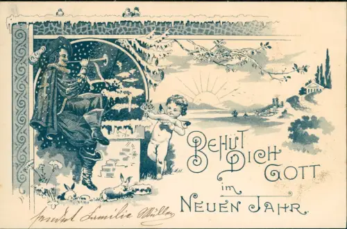 Ansichtskarte  Neujahr Sylvester New Year Trompeter Engel Winter 1901