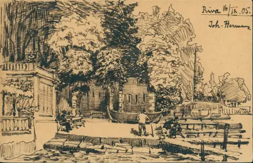 Cartolina Riva del Garda Handgefertigte Federzeichnung 1905